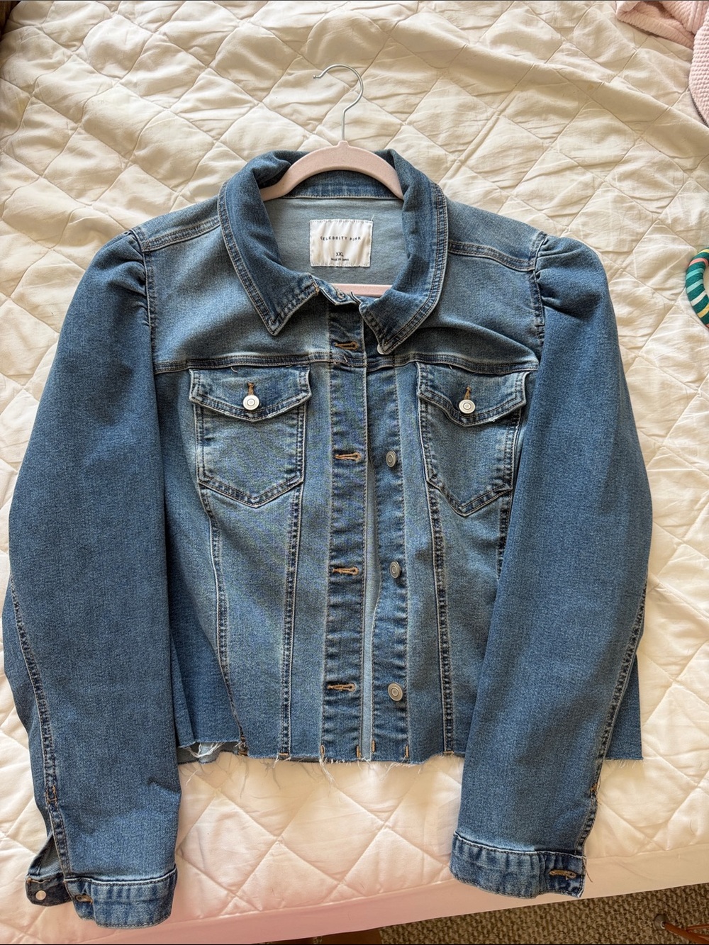 Celebrity Pink Blue Denim Puff Sleeve Jean Jacket